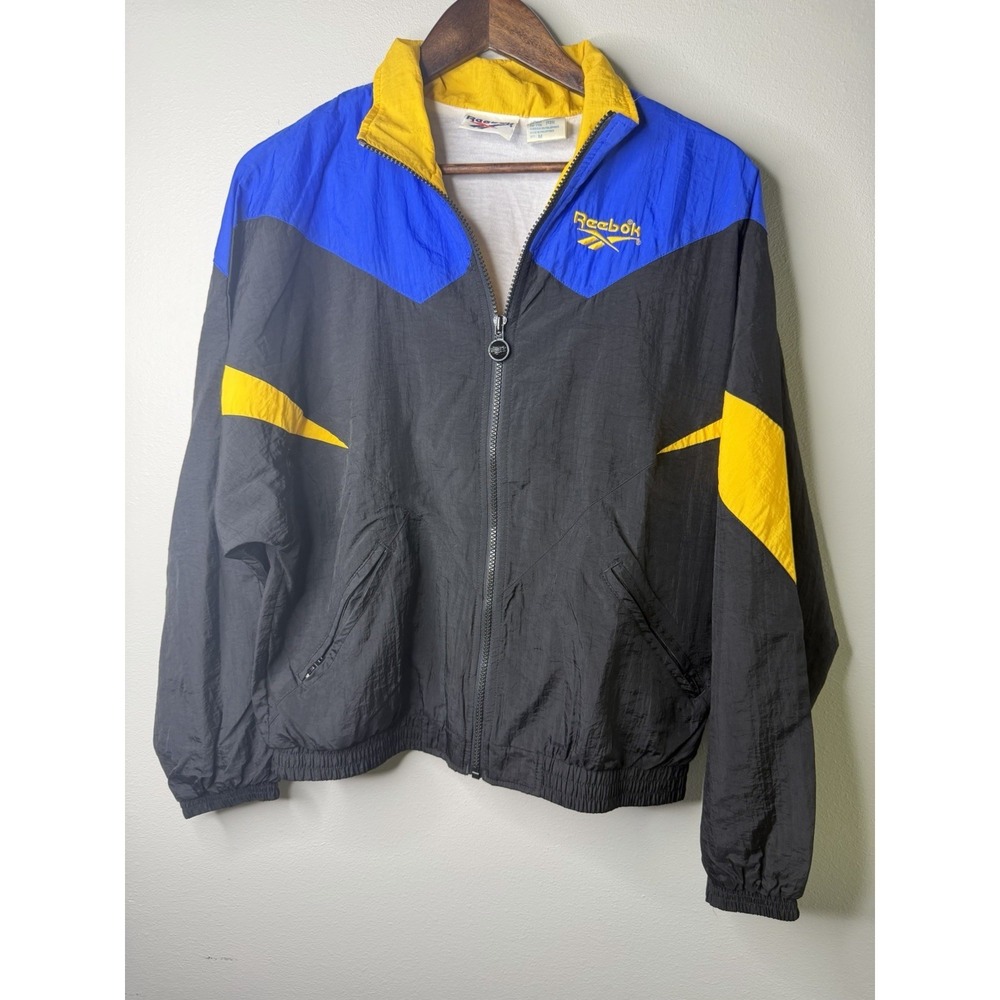Vintage Reebok Windbreaker Jacket Blue Black Yellow Colorblock 90s Med